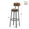 Swivel bar stool set of 2 with backrest, industrial style, metal frame, 29.5'' high.(Rustic Brown, 13.4''w x 40.5''h)
